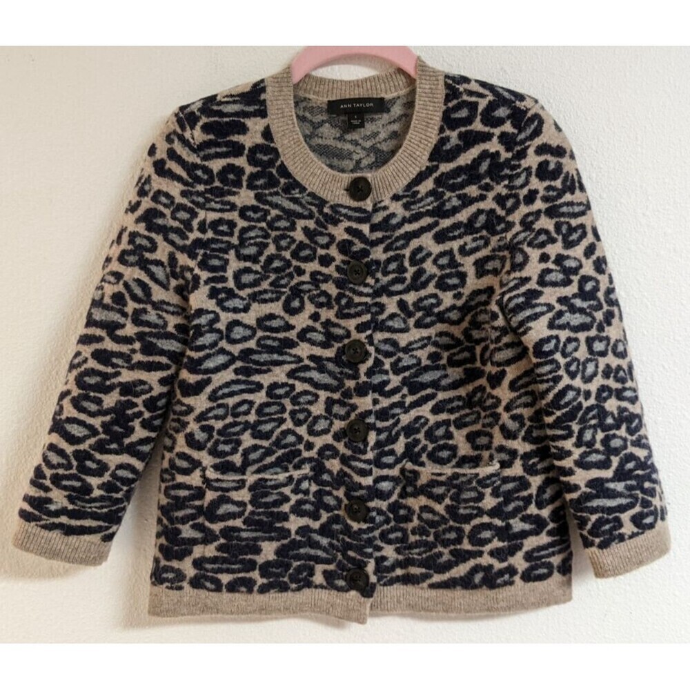 ANN TAYLOR Animal Print Alpaca/Merino Wool Blend Thick Plush Button-Up Sweater S